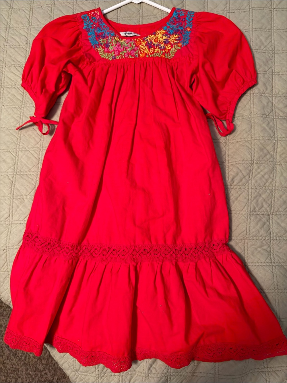 Patricia Viera Bright Red Embroidered Yoke Girls Dress